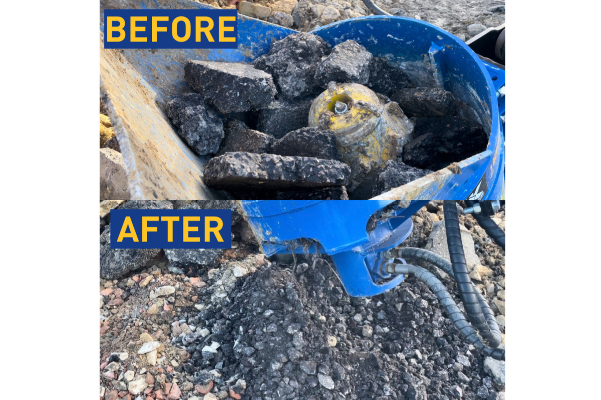 Rubble before and after crushing with the Auger Torque cone crusher bucket