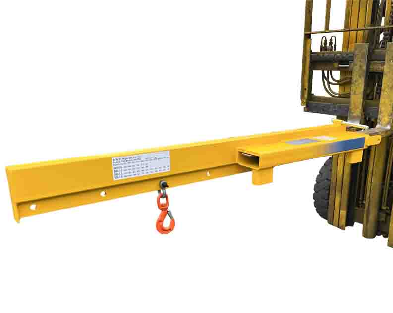 Fork mounted low profile crane jib for machinery lifting
