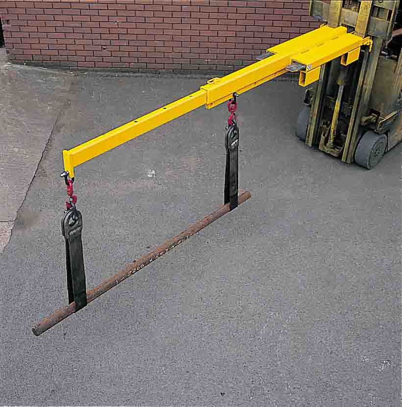 Low profile forklift jib extender for suspended lifting