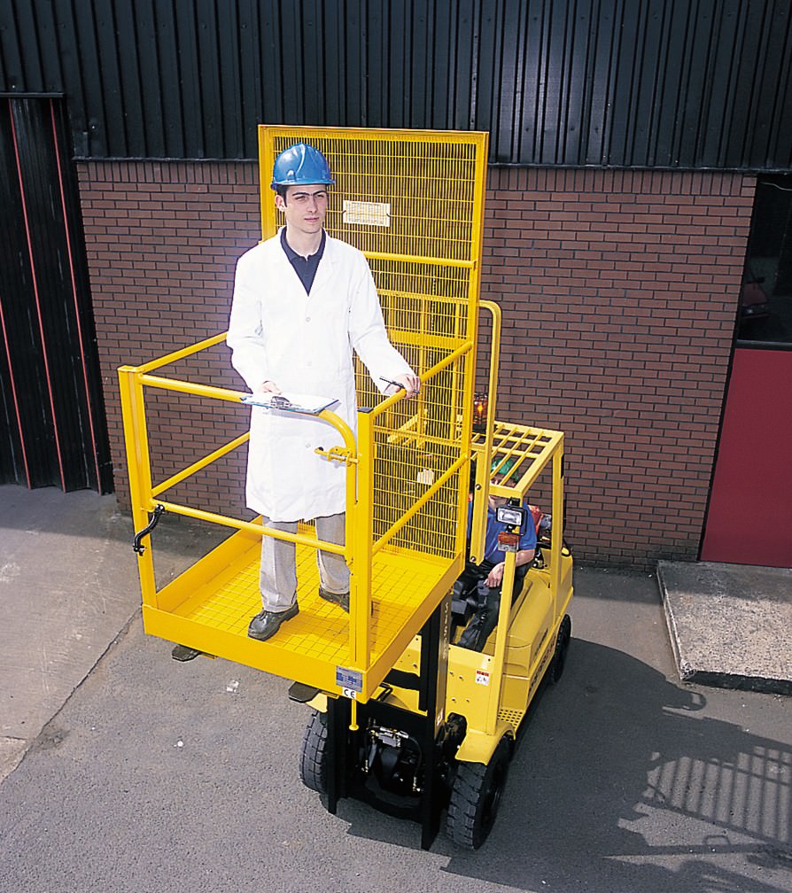 Fork mounted safety cage for raised access tasks