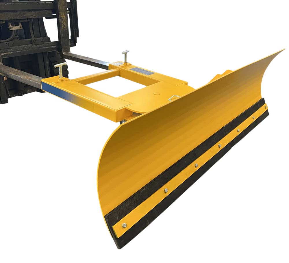 Adjustable forklift snow plough on forklift forks