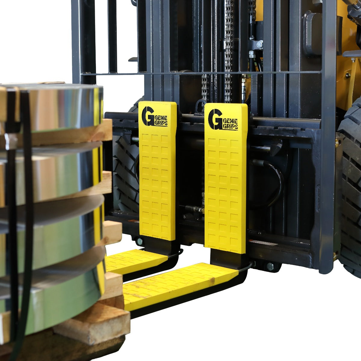 GenieGrip magnetic fork cushions protecting a steel coil