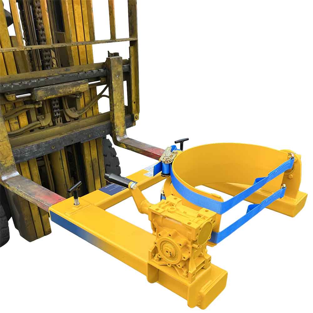 Crank handle drum rotator fitted to a forklift