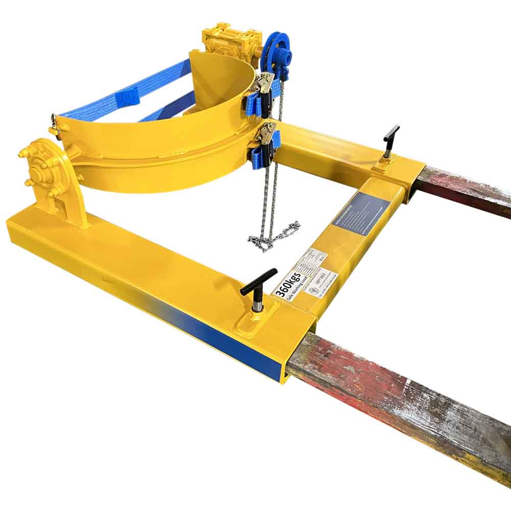 Loop chain drum rotator with steel girdle and ratchet straps