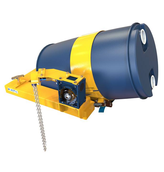 Loop chain forklift drum rotator holding a plastic drum