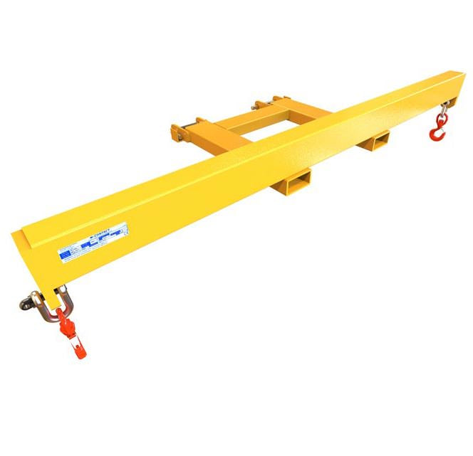 Fork mounted forklift spreader beam with a hook at each end