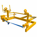 Forklift wheelie bin rotator with gearbox, trunnion locators and ratchet strap