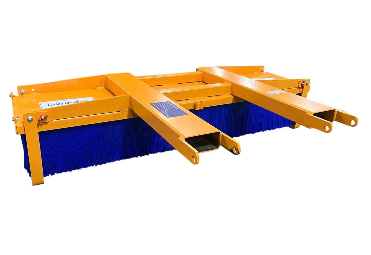 Heavy duty forklift broom sweeper from above, showing the full-length fork pockets