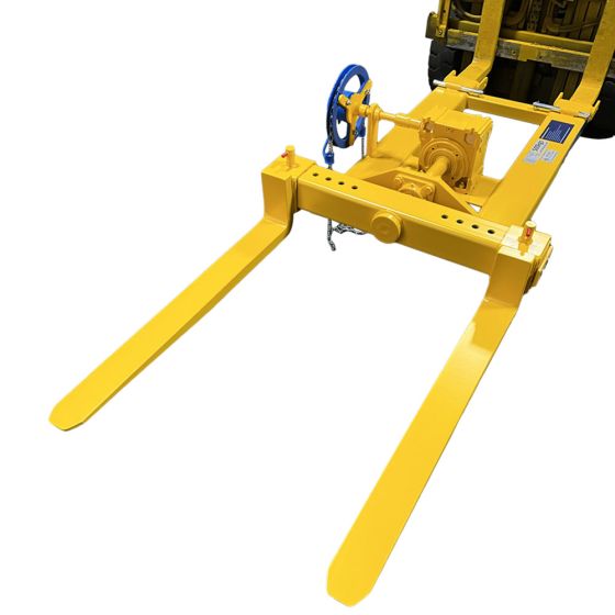 Fork mounted forklift pallet rotator with adjustable tines
