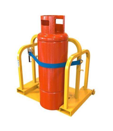 Forklift gas bottle handler with ratchet straps
