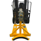 Rim grip drum grab fitted to a forklift, front view