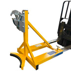 Rim grip forklift drum grab on forklift forks, side view