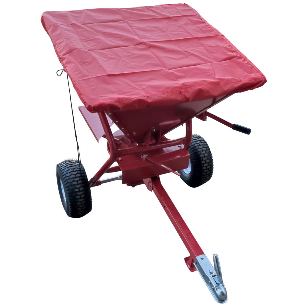 Towable salt spreader with rain cover fitted
