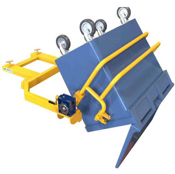 Wheelie bin rotator turning a large four-wheeled bin to empty it