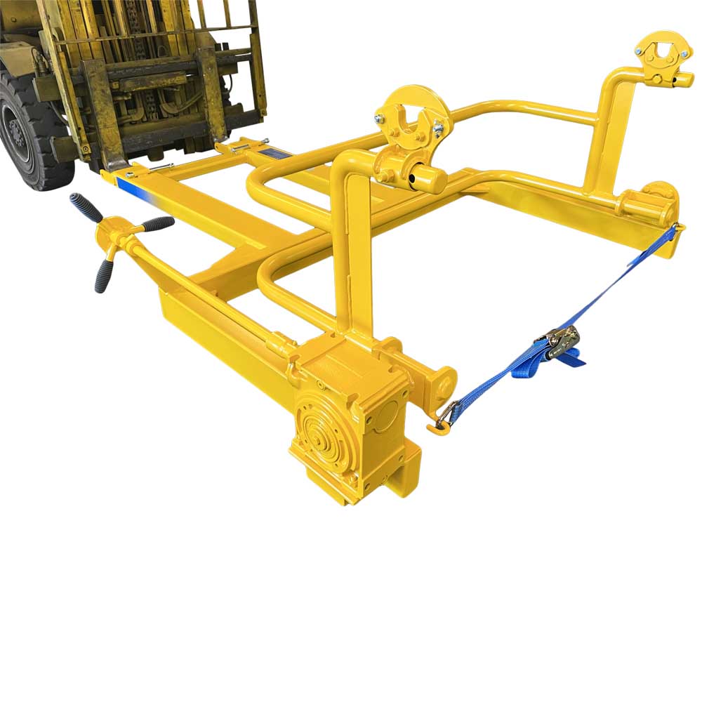 Wheelie bin rotator on a forklift, showing the gearbox